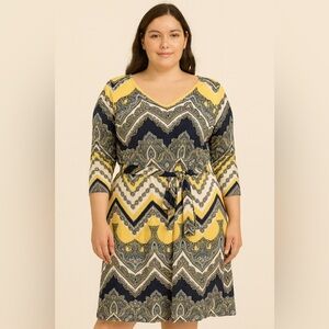 Sandra Darden Belted Yellow and Navy Patterned Dress